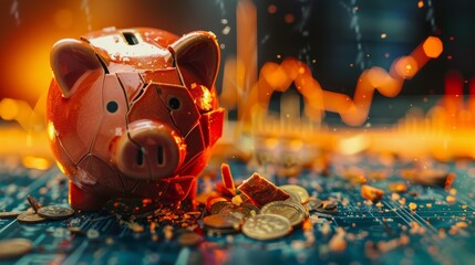 Piggy bank breaking symbolizing financial crisis, bankruptcy, and economic stress. piggy bank with a financial crisis chart behind, illustrating loss and despair - obrazy, fototapety, plakaty
