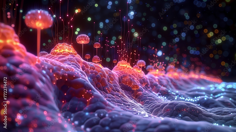 Poster vibrant synaptic transmission visualization in neural network at night