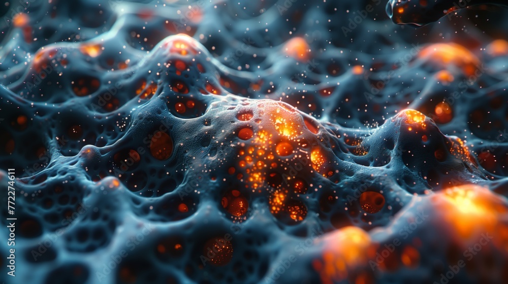 Poster close-up of vibrant red and blue bacterial surface in a laboratory setting