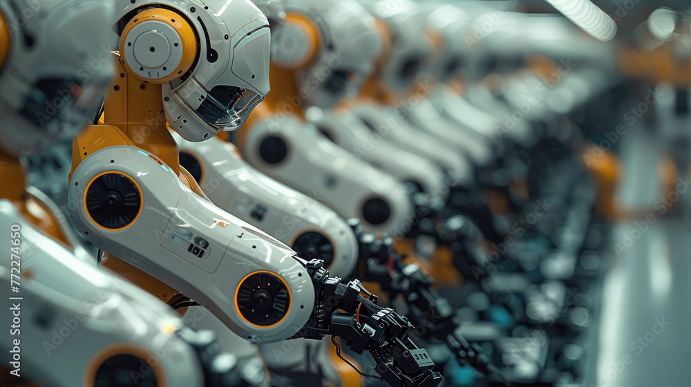 Fototapete Several robotic manipulators from different sides assemble and spare parts at the factory. Generative AI.