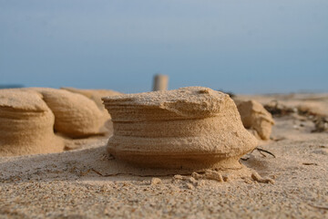 Natural sand sculptures made by wind on the Baltic sea beach. Gulf of Riga in Latvia Landscape....