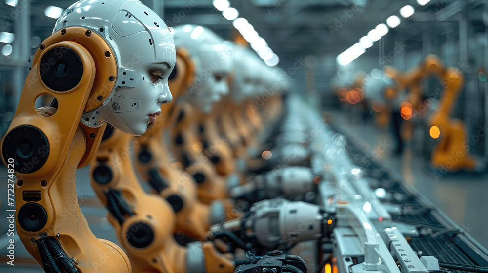 Poster several robotic manipulators from different sides assemble and spare parts at the factory. generativ