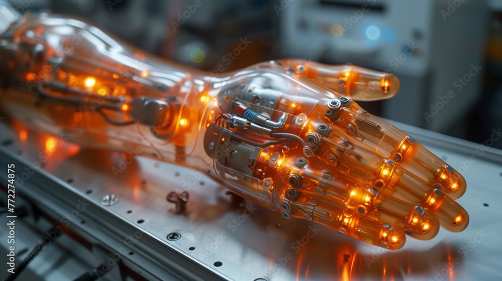 Poster futuristic robotic hand glowing with orange hues in a technological setting