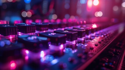 Close-Up View of a Sound Mixers Control Panel With Glowing Lights