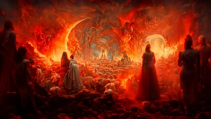 A large group of people is suffering their punishments and expiating sins in a hellish fire afterlife. Matte painting AI-generated digital painting of halloween theme.