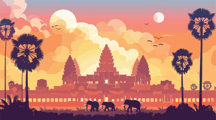 Angkor wat with elephants and palm trees  vector i