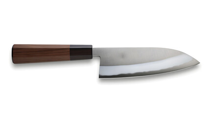 A fine Japanese Sentoku knife with a wooden handle and a silver blade isolated on a white background