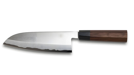A fine Japanese Sentoku knife with a wooden handle and a silver blade isolated on a white background - obrazy, fototapety, plakaty