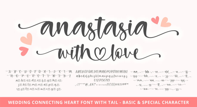 Handwritten Script Font with Heart Symbols. Vector hand-drawn Alphabet Letter logo font. Connecting Heart font. font with Swashes
