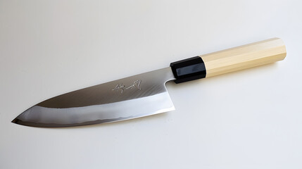A fine Japanese Sentoku knife with a wooden handle and a silver blade isolated on a white background