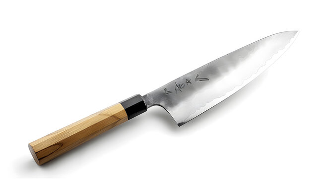 A fine Japanese Sentoku knife with a wooden handle and a silver blade isolated on a white background