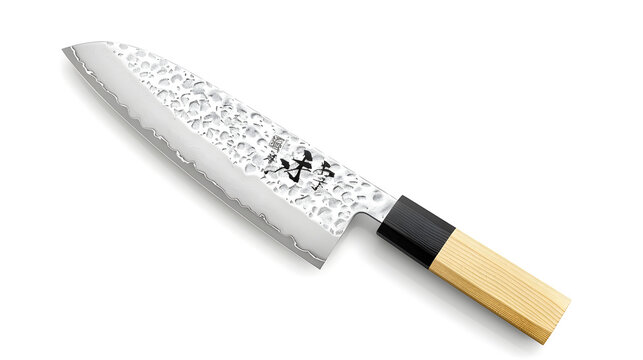 A fine Japanese Sentoku knife with a wooden handle and a silver blade isolated on a white background