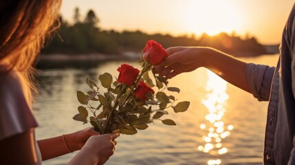 A Man gives a bouquet of flowers, roses to his beloved woman, Girlfriend, Girlfriend at sunset....