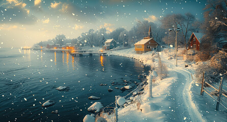 A small coastal enveloped in a mesmerizing. snowflakes dance fiercely through the air. Generative...