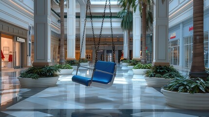 A swing is placed at the entrance of the shopping mall. Generative AI. - obrazy, fototapety, plakaty