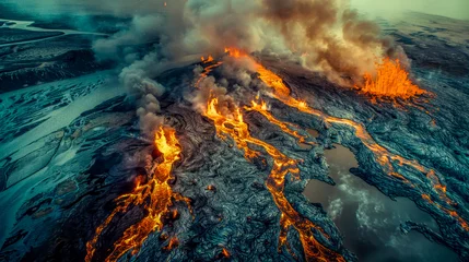 Fotobehang A birds eye view of molten lava meeting the ocean, creating billows of steam and smoke as it solidifies on contact with the water. The black lava contrasts starkly with the deep blue of the ocean © Karlaage