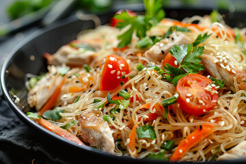 Rice noodles with chicken cherry tomato, carrot, red pepper,green beans, parsley and sesame seeds
