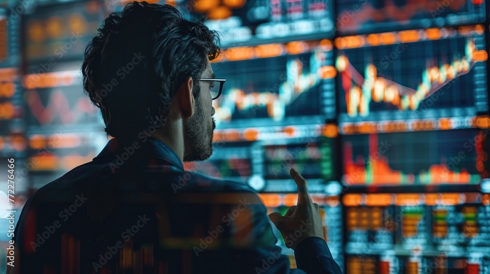 Poster an investor tracking financial statistics on a screen with changing market conditions in the backgro
