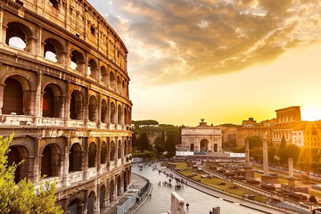Sunset and Colosseum in Rome, Italy
