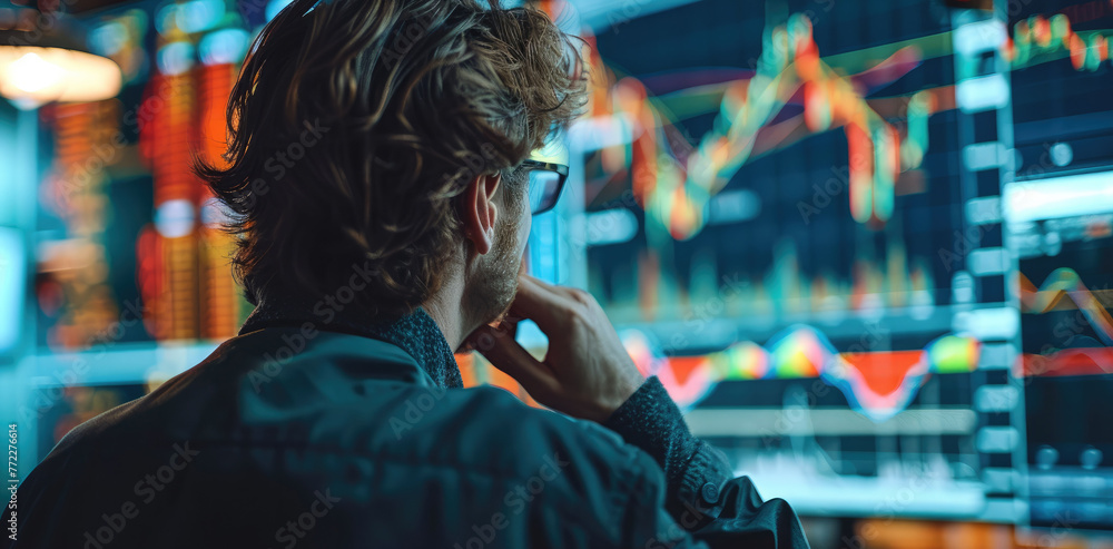 Poster an investor tracking financial statistics on a screen with changing market conditions in the backgro