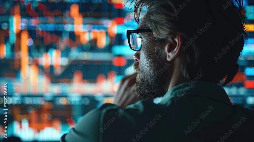 Poster an investor tracking financial statistics on a screen with changing market conditions in the backgro