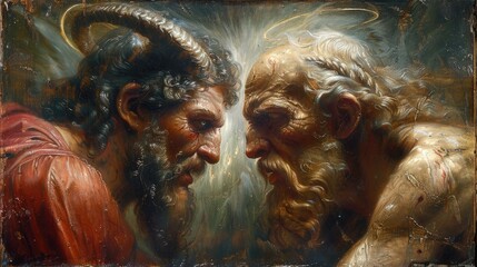 Symbolic confrontation: battle between God and the devil, good and evil, Jesus Christ and Lucifer, struggle of opposites, the eternal conflict between light and darkness in religious representations. - obrazy, fototapety, plakaty
