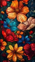 Bright and colorful floral mosaic made from stained glass, featuring a variety of flower designs.