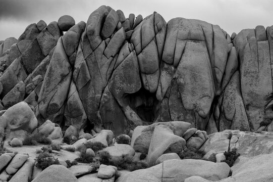 Greyscale shot of the rock formations at the Joshua Tree National Park in California, US