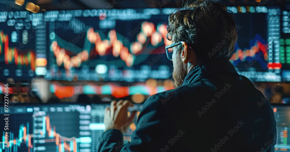 Poster An investor tracking financial statistics on a screen with changing market conditions in the background. Generative AI.