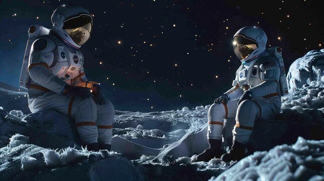 Astronauts discussing Mahabharata philosophy, starry void, evening, intimate setting, thought-provoking