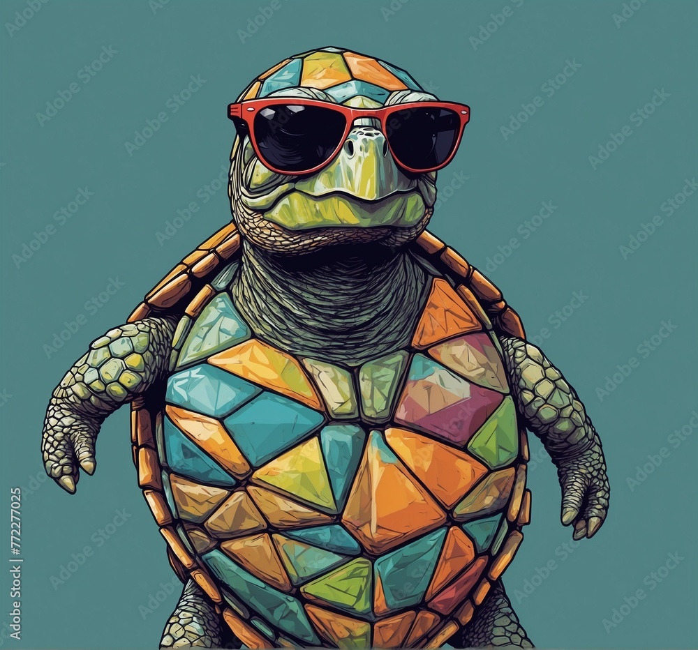 Poster turtle with sunglasses and colorful polygonal shell. vector illustration.