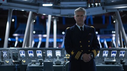 Man in a uniform standing in a control room with lit up lights in the background.