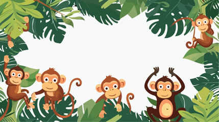 Banner with monkeys around the frame flat cartoon v