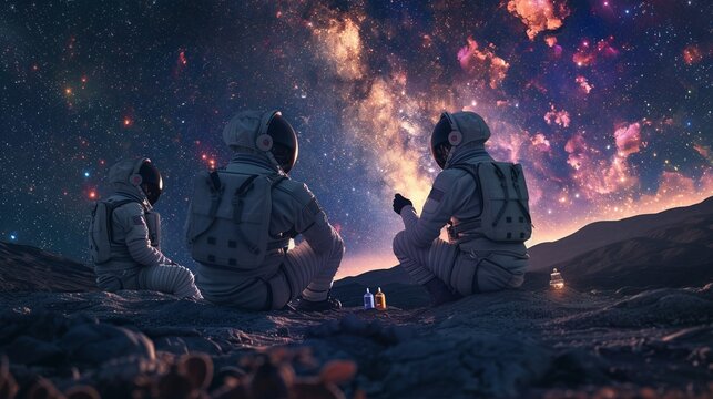 Astronauts discussing Mahabharata philosophy, starry void, evening, intimate setting, thought-provoking