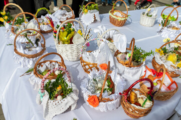 Traditional Easter basket. Easter modern eggs, easter bread