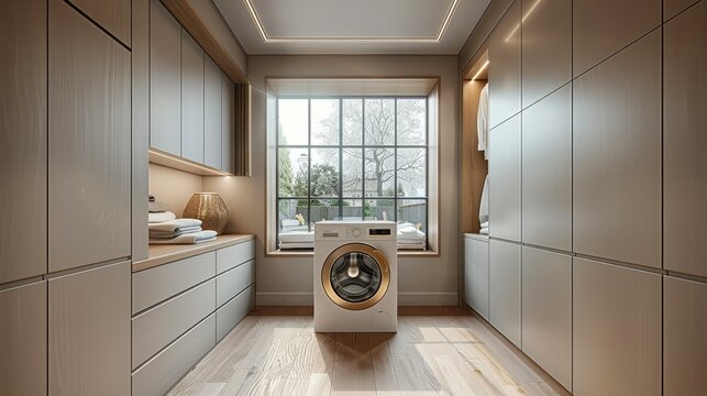 A spacious minimalist laundry room with aligned cabinets for a tall washer. Generative AI.