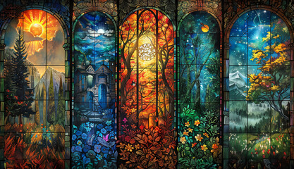 Three arched stained glass windows artistically representing the changing seasons with vibrant, thematic imagery. - obrazy, fototapety, plakaty