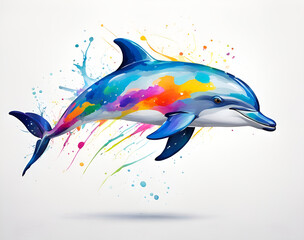 Colorful dolphins swimming in a colorful background, illustrated by illustrators of dolphins in the sea - obrazy, fototapety, plakaty