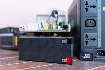 Power socket on the back of UPS, power backup battery for personal computers. Electronic waste.