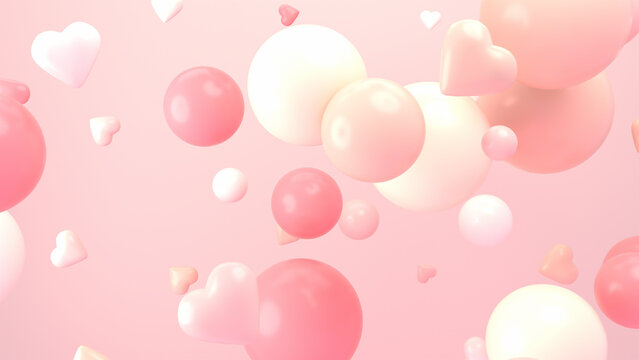 3d rendered abstract flying hearts and spheres in the air.