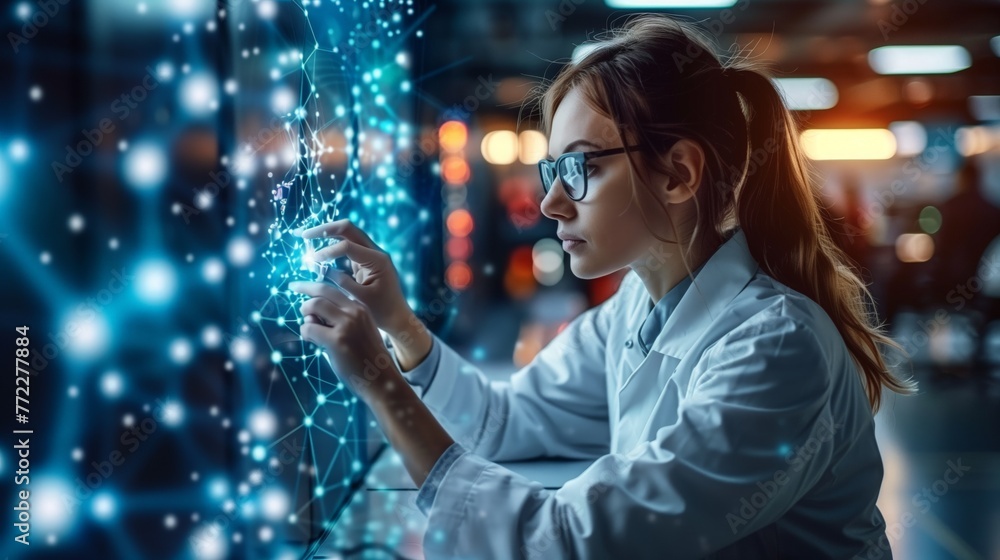 Aufkleber woman interacting with advanced interface technology in modern lab