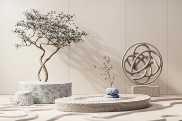 podiums mock up, with inspiring zen meditation elements like a zen garden 