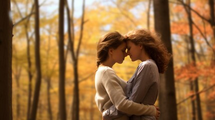A couple of loving, hugging lesbian women in the autumn forest. Same-sex love, Valentine's Day. LGBT concepts.