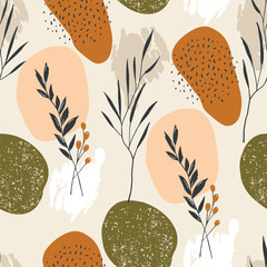 Seamless pattern with hand-drawn leaves and branches and colorful background. Vector illustration in boho style. - 772278017