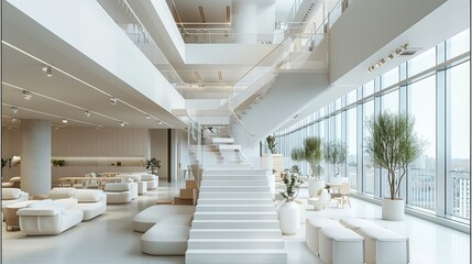 Modern and simple office space design, using stairs to connect the upper and lower floors, the middle floor is a leisure space, filled with milky white leisure sofas and tables. Generative AI. - obrazy, fototapety, plakaty