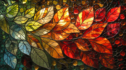 Vibrant stained glass design with a pattern of leaves in autumnal hues catching the light.