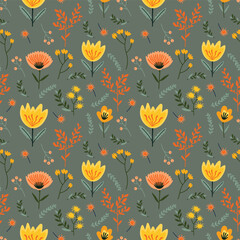 Seamless pattern with flowers and leaves, Floral background.Hand drawn fabric gift wrapping wall art design. - 772278096