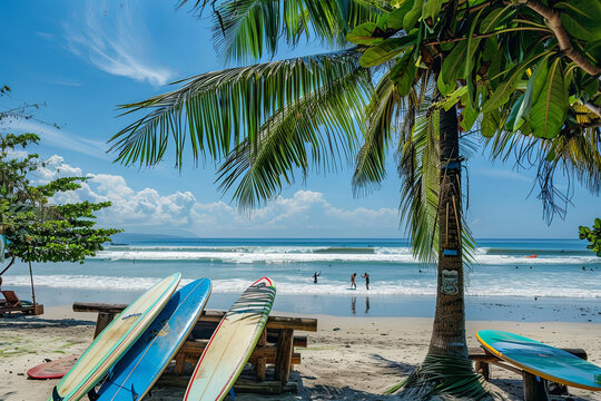 Surfboards under a palm tree on kuta beach bali indonesia with surfers in background
