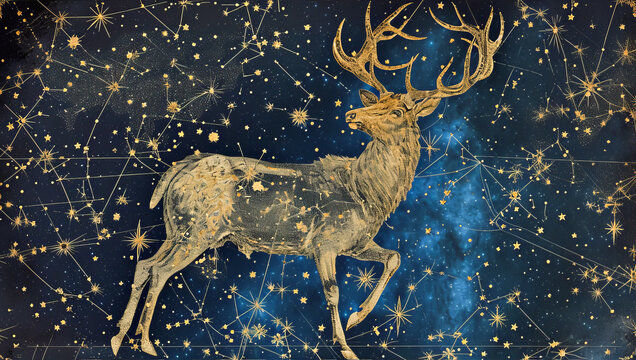 Imagem de um cervo com grandes chifres formados por um mapa de constelações, em um fundo de pequenas estrelas com tons vintage