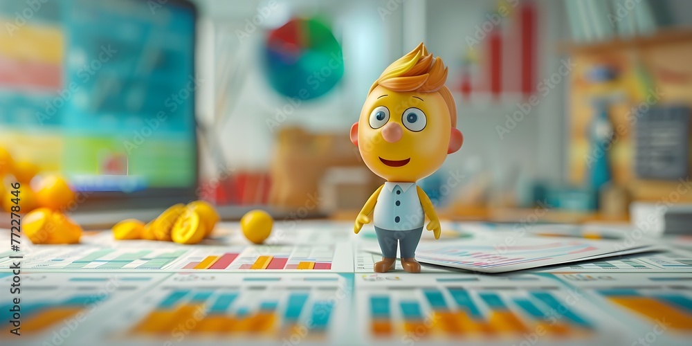 Poster whimsical spreadsheet character analyzing data insights and financial analytics in colorful digital 